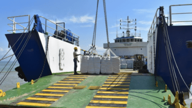 Cargo ship with capacity for 540 tons of goods operates on the Soyo-Cabinda