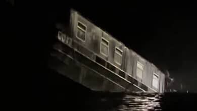 Moment enormous 50-metre sinkhole swallows up canal boat as major incident
