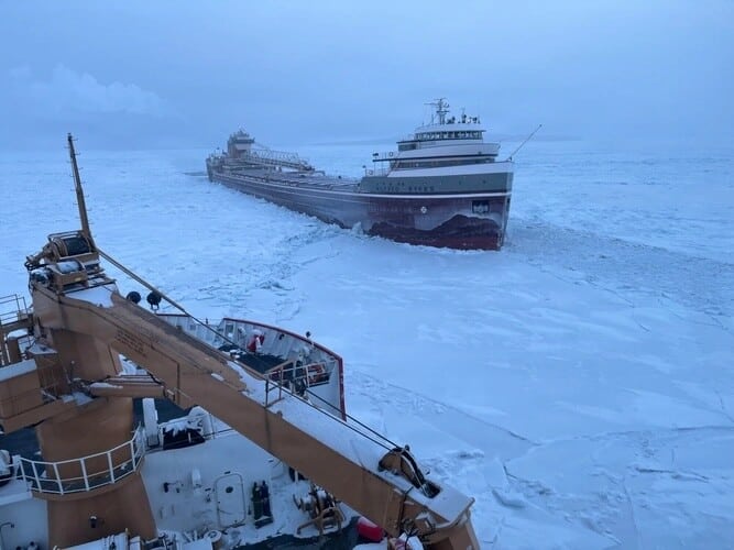 Coast Guard cutters free icebound freighters on Great Lakes