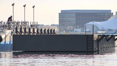 Boston Harbor Shipyard launches two MBTA dock barges