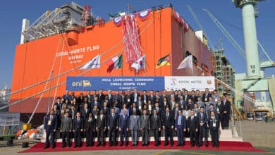 Officials at the Coral Norte FLNG launching ceremony at Samsung Heavy Industries