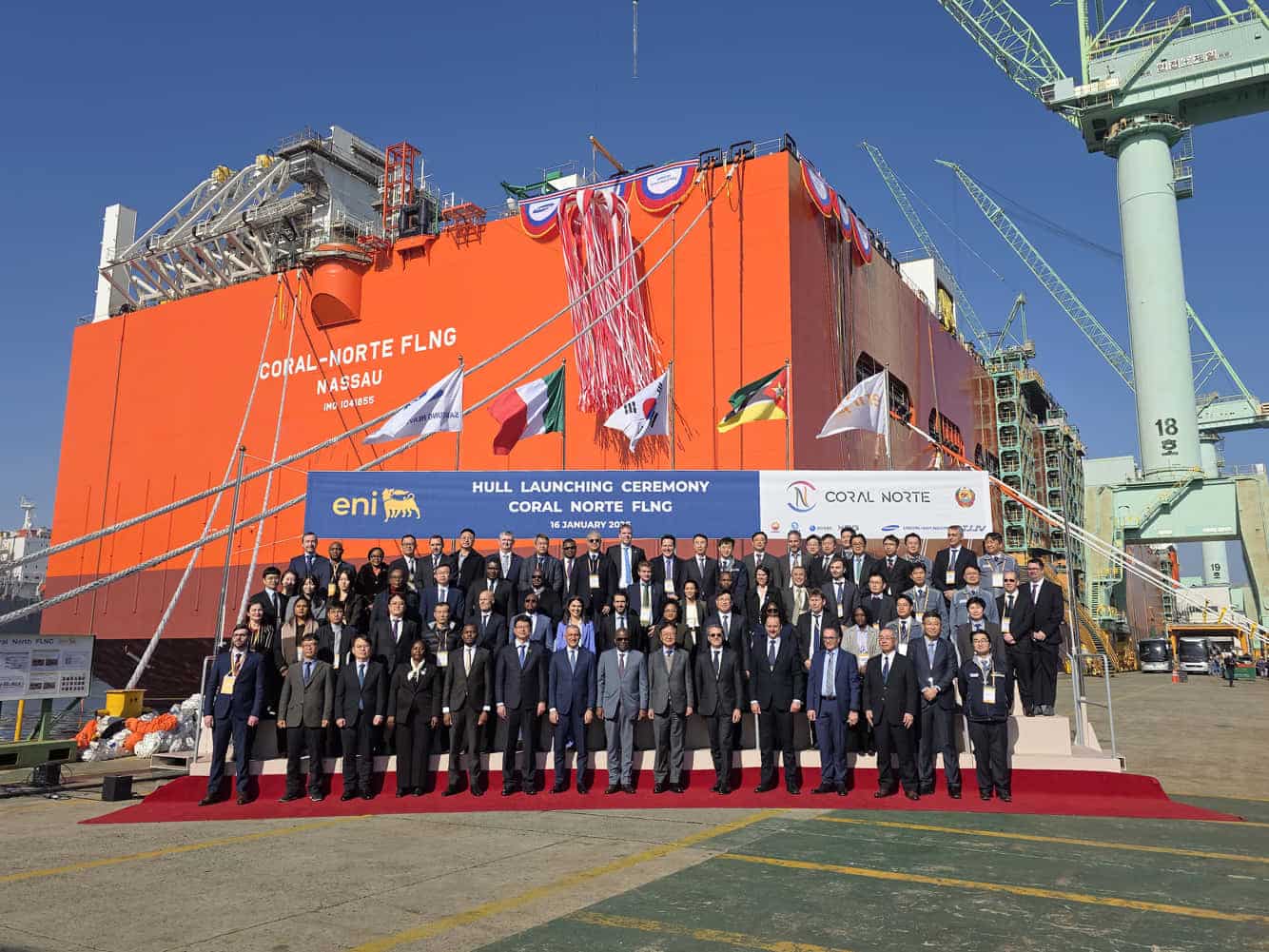 Officials at the Coral Norte FLNG launching ceremony at Samsung Heavy Industries