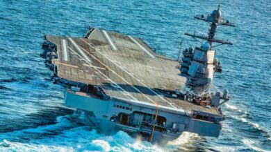 USS Gerald R. Ford (CVN 78) conducts high-speed turns in the Atlantic Ocean. Ford is at sea conducting sea trials following the in port portion of its 15 month post-shakedown availability. (U.S. Navy photo by Mass Communication Specialist 3rd Class Connor Loessin)