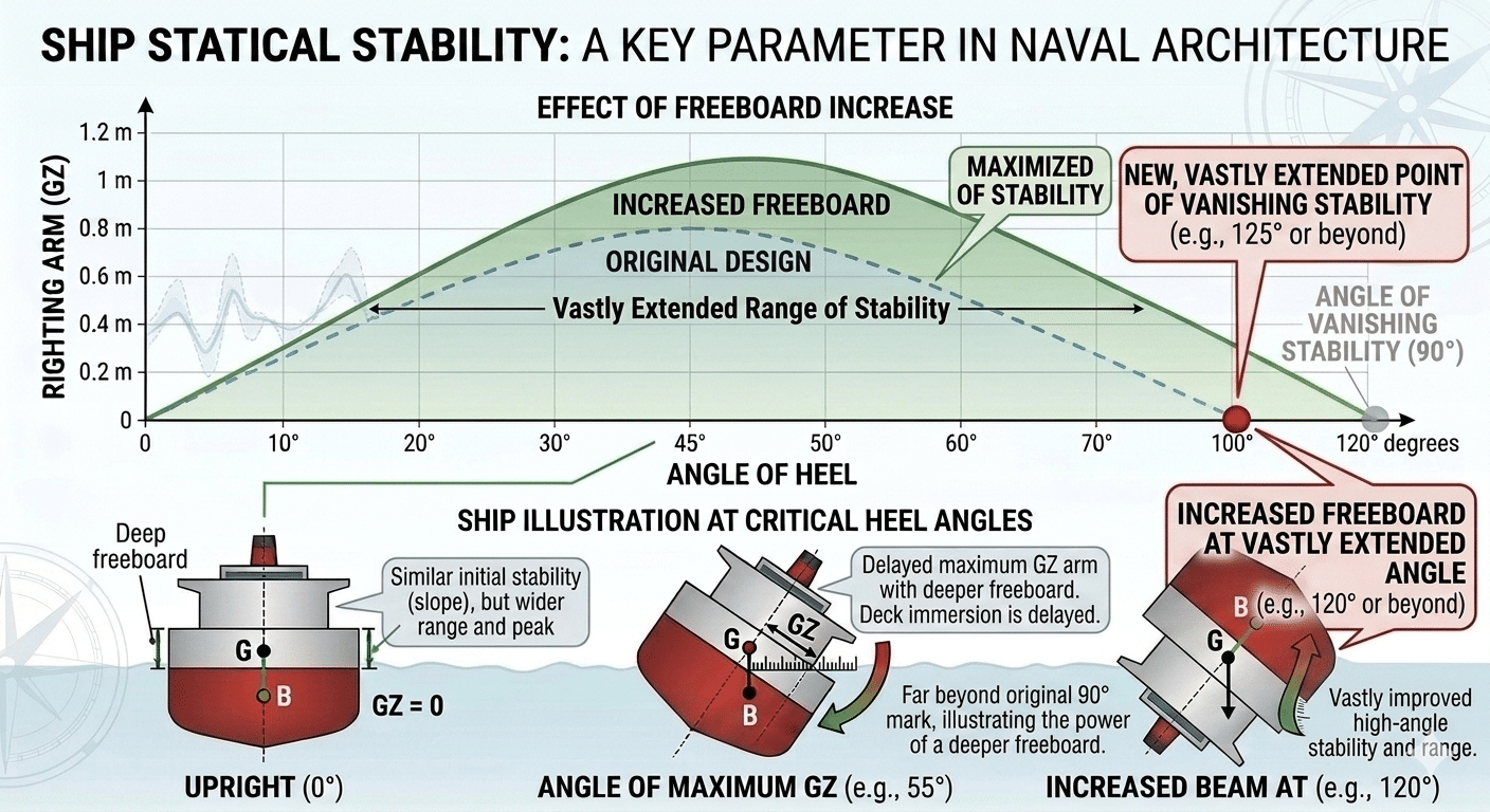 Increase in freeboard affects the GZ curve