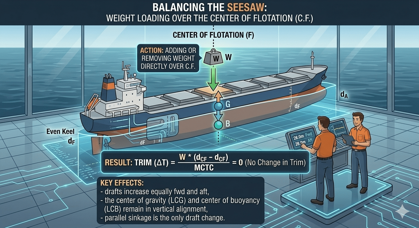 Loading a weight directly over the center of flotation