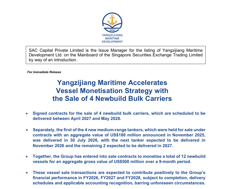 Yangzijiang Maritime Accelerates Vessel Monetisation Strategy with the Sale of 4