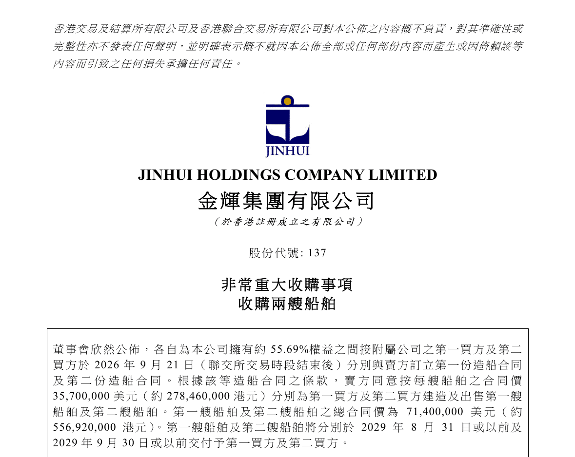 Jinhui Group Orders Two 64,500 DWT Bulk Carriers from Jiangmen Nanyang for